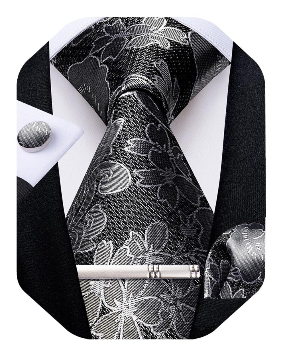 1499 Silk Floral Ties Woven Paisley Necktie and Tie Clip Handkerchief